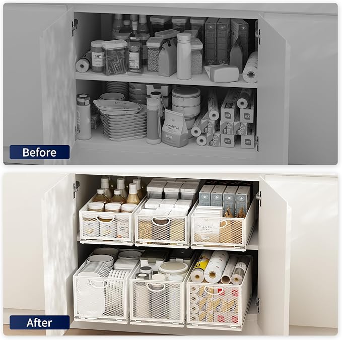 2 Pack Pull Out Cabinet Organizer, No Drill Adhesive Sliding Drawers for Kitchen, Metal Mesh Wire Storage Shelf for Pantry & Under Sink, White (9.6" W x 11.8" D x 3.9" H)