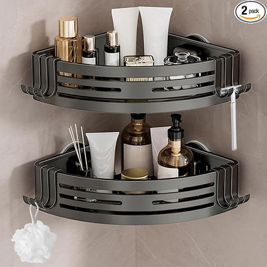 Lekesky Corner Shower Caddy Suction Cup, Corner Shower Shelf with Hooks, Bathroom Shelves No Drilling, Bathroom Organiser for Bathrooms Storage (Aluminum, 2-Pack, Gunmetal Grey)