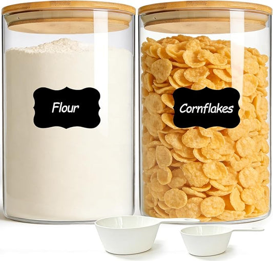 ComSaf 2Pcs Large Glass Storage Containers with Lids 4Qt, 1 Gallon Wide Mouth Flour Sugar Storage Containers, Large Capacity and Sealed for Rice, Cereal, Oat, Easy Clean and Scoop, Pantry Organization