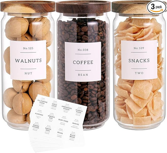 CZZGSM 3 Set Glass Pantry Storage Jars with Acacia Airtight Lid - 35oz Thicken Glass Kitchen Canisters with 132 Pantry Labels - Clear Food Storage Containers with Wood Lid for Tea,Sugar,Cookie,Pasta