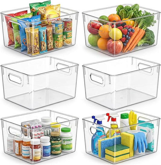 MOONEDGE Open Clear Plastic Storage Bins Stackable Organizer Containers with Handles for Kitchen, Pantry, Fridge, Cabinet, Closet Storage & Home Organization 6 Pack（11 x 8 x 6 in）