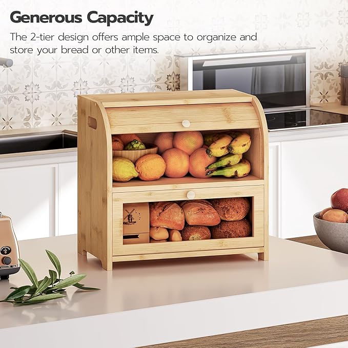 HOOBRO Bread Box, Bamboo Bread Box for Kitchen Countertop, 2 Tier Roll-Top Bread Bin, Food Storage Box, Large Capacity Keeper, Wooden Storage Cabinet, for Kitchen, Dining Room, Natural YL13MB01