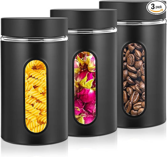 Mimorou 3 Pcs Stainless Steel Canister Set with Glass Windows Visible Storage Jars Silver Kitchen Canister Set for Pasta Flour Oat Sugar Container, Kitchen Tools, Housewarming Gifts(Black,32 oz)