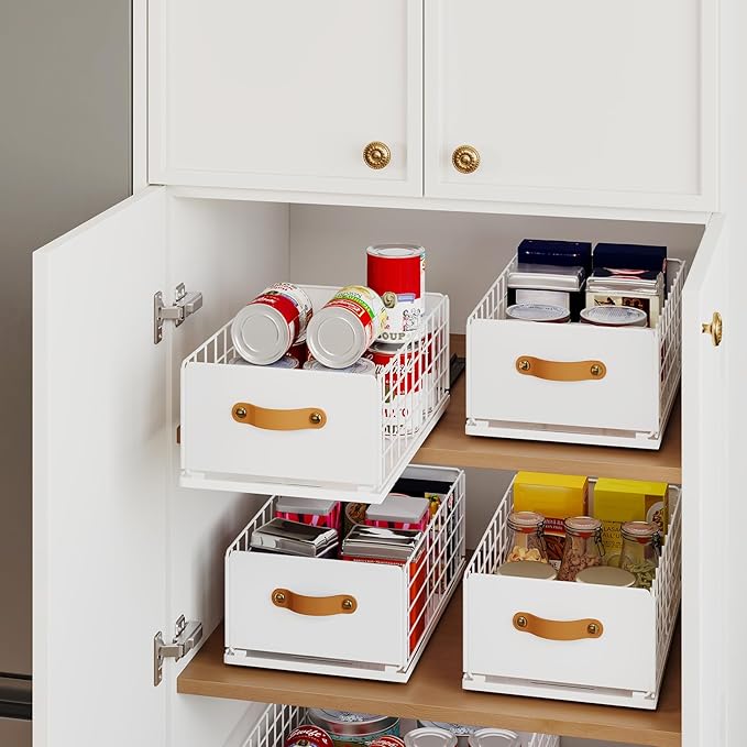 Pull Out Cabinet Organizer, No-Drill Pantry Drawers, Slide Out Shelves with Bamboo Risers for Lipped Cabinets,Ideal for Kitchen, Bathroom & Under Sink Storage (White, 9.8" Wide-15.7" Deep)