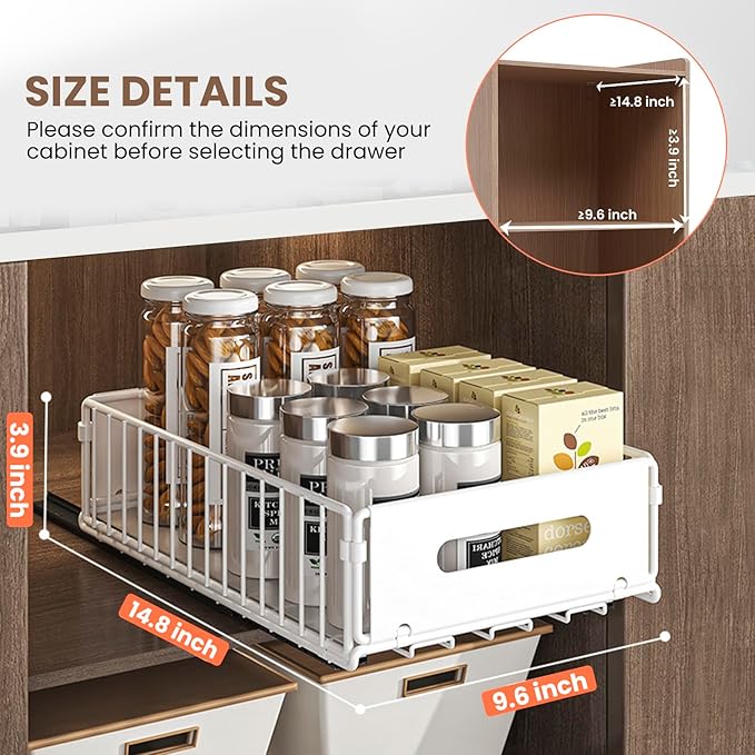 4 Pack Pull Out Cabinet Organizer, NECHEGI Heavy Duty Slide Out Pantry Drawers Shelves Storage With Strong Adhesive Strips and Handle for Kitchen, Bathroom, Living Room, Home (14.8"D X 9.6"W X 3.9"H)