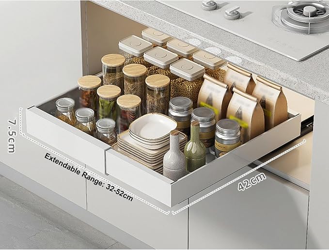 Expandable Pull-Out Cabinet, Adhesive Slide-Out Shelves,Roll-Out Drawers for Easy Access,Heavy Duty for Kitchen, Bathroom & Pantry(Black,Large)