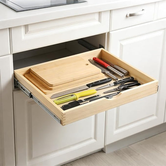 23" Pull Out Cabinet Drawer (Fits 24" Cabinet Opening), Wood Slide Out Cabinet Shelf Organizer with Ball Bearing Slides, Clear Lacquer Finish, Heavy Duty Kitchen Cabinet Pull Out Shelves