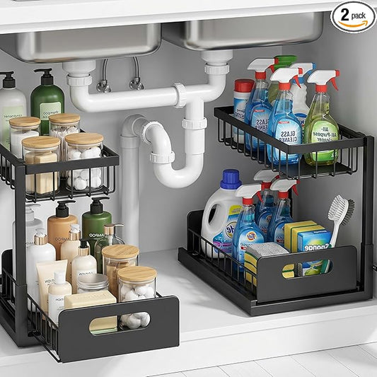 Under-Sink Storage Organizer (2-Pack) — Double-Tier Pull-Out Cabinet Organizer with Sliding Drawers ，Heavy-Duty & Versatile Storage Rack for Kitchen, Bathroom, and Pantry，Black