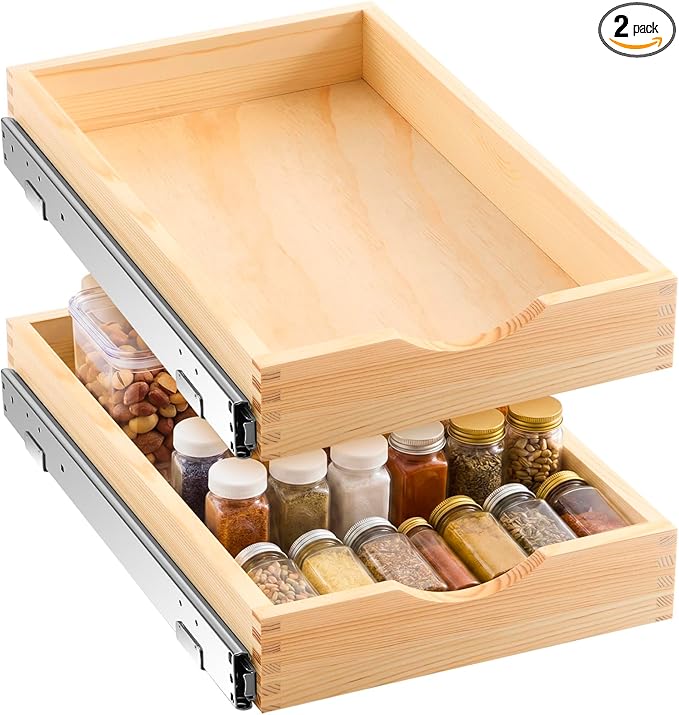 Menkxi 2 Set Wooden Pull out Cabinet Organizer Fully Assembled Slide out Pantry Drawer with Gentle Close Storage Shelf Tray for Base Kitchen Under Sink Bathroom (Wood Color,14'' X 21'' X 3'')