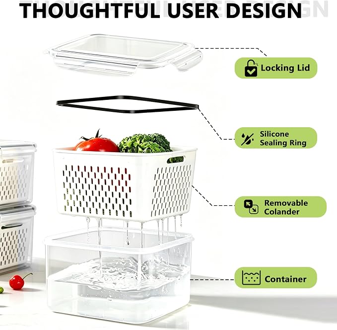 5 Pack Fruit Storage Containers for Fridge,Fruit Containers for Fridge with Removable Colanders,Leakproof Refrigerator Organizers and Storage for Produce Beery Vegetable Salad Meat Food Keep Fresh