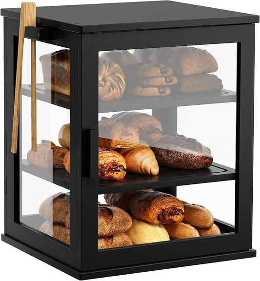 WOWLIVE Black Bread Box for Kitchen Countertop, Large 3 Layers Bread Storage Container for Homemade Bread with Window, Farmhouse Breadbox Organizer for Kitchen, Cabinet, Pantry (Black, Extra Large)