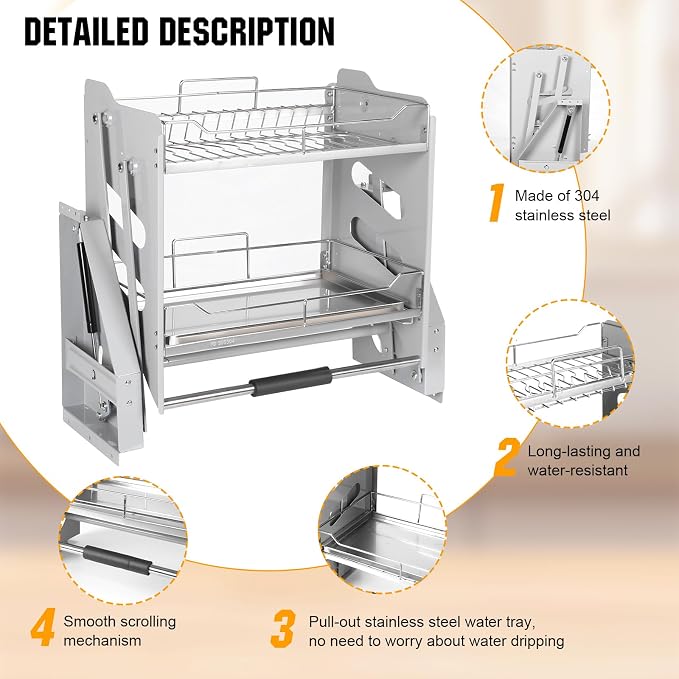 2-Tier Pull-down Storage Lift Cabinet Wall Cupboard Lifting Basket 304 Stainless Steel 22-34 Inch Width for Snacks Bowls Plate (600)