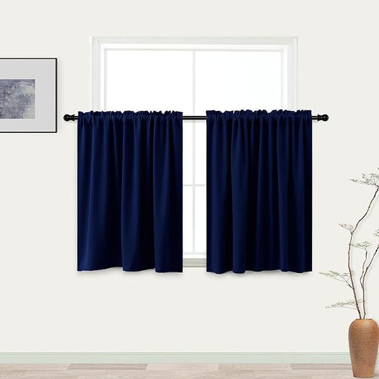 KOUFALL 30 Inch Curtains for Small Window, Navy Blue Short Blackout Winter Curtains for Cabinet Kitchen Bathroom, 34 w x 30 Length