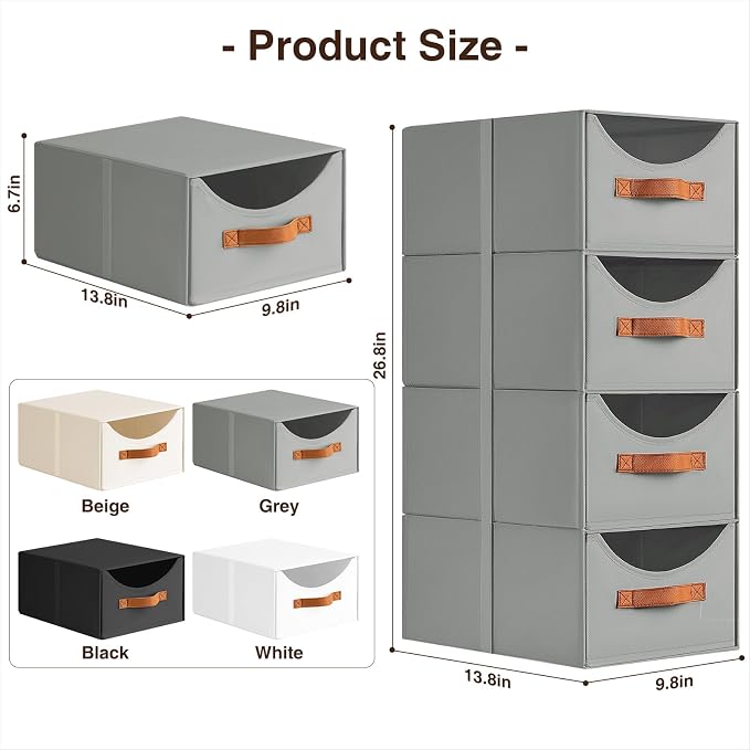Homsorout Stackable Storage Drawers - Collapsible Storage Bins with Drawers, 6 Pack Closet Shelf Organizer Basket, Fabric Pull Out Organizer for Bedroom, Living Room, Dorm, Grey