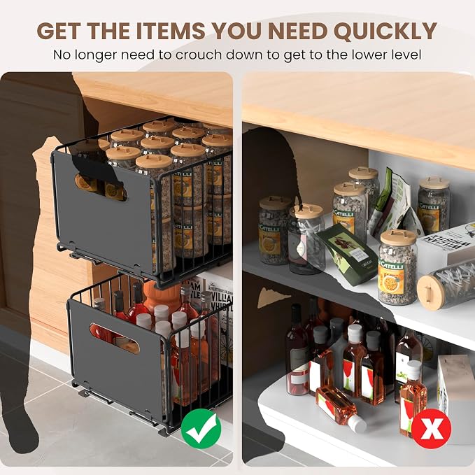 Pull out Cabinet Organizer, 2 Pack Heavy Duty Slide out Drawers Pantry Shelves with Strong Adhesive Glue and Handle for Kitchen, Living Room, Bathroom, Home (14.8" D x 9.6" W x 7.48" H)