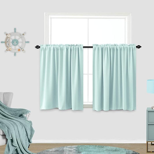 KOUFALL Aqua Curtains for Kitchen Window, Coastal Summer Beach Decor Light Blocking Blackout Bathroom Curtain for Small Windows, 24 Inch Length, Mint Green