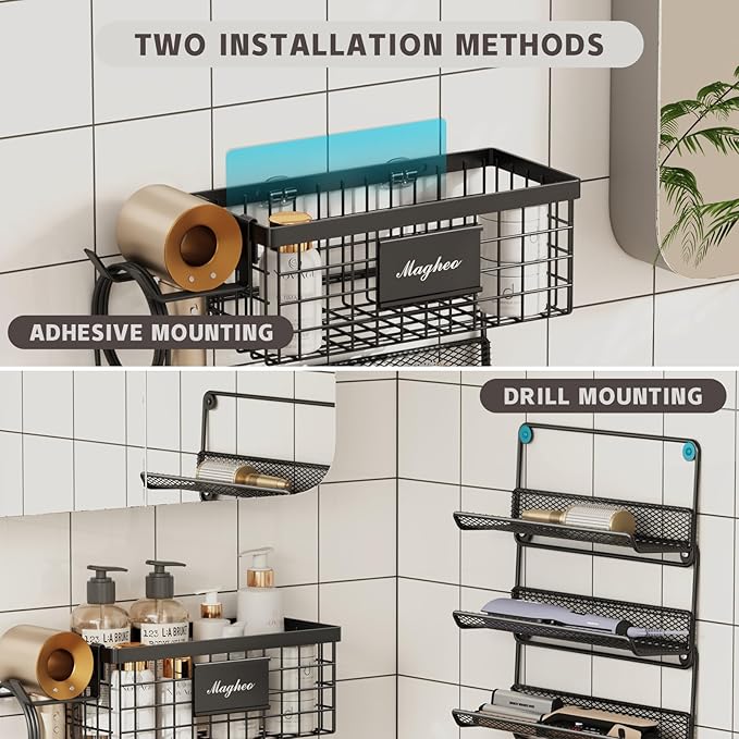Magheo Hair Dryer Holder Wall Mounted, Adheisve Hair Styling Tool Organizer for hair Brush/Appliance Wall Mount with 4 Tier Shelf Basket Hooks Blow Dryer and Straightener Holder for Bathroom(Black)