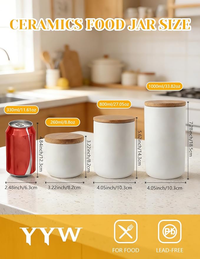 YYW Ceramics Food Storage Jar Canister with Airtight Seal Bamboo Lid, Simple Style Kitchen Canister for Food Storage, Store Coffee, Sugar, Tea, Spices and More (White (8.79oz/260ml))