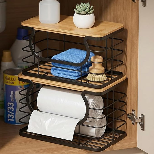 REFGY 2-Pack Stackable Trash Bag Holder with Natural Fiber Top, 10-Inch Wide Opening Garbage Bag Dispenser for 13 to 33 Gallon Rolls, 11" x 7.1" x 5.9" Under Sink Organizer for Kitchen & Laundry