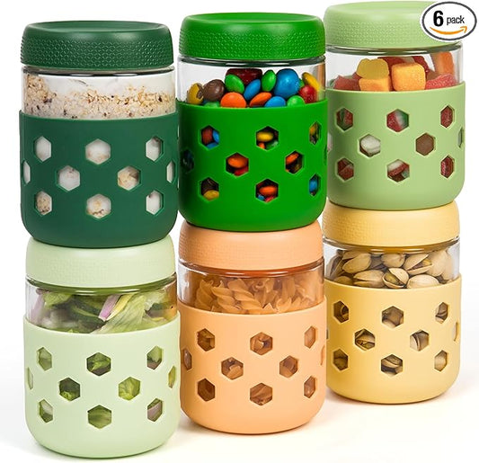 Gemice 6-Pack 16 oz Overnight Oats Containers with Lids and Silicone Sleeves, Glass Mason Jars with Airtight Lid, Dishwasher Safe, Wide Mouth Chia Seed Pudding Meal Prep Jar for Yogurt Berries Snack