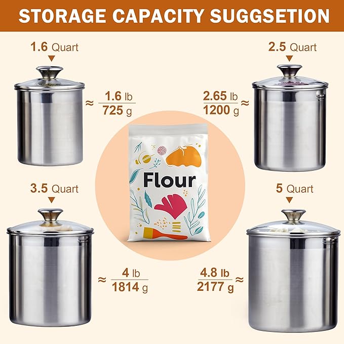 Cooks Standard Classic Stainless Steel Food Jar Storage Canister Set Large, Airtight Containers with Glass Lid for Tea Coffee Sugar Flour Pantry Kitchen Counter, 4-Piece