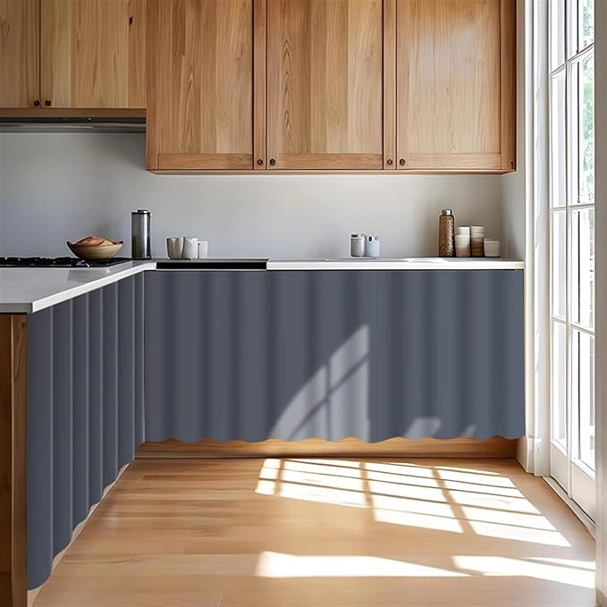 Under Sink Curtain for Closet, Privacy Short Cabinet Curtain Self Stick Adhesive Desk Skirt for Kitchen Classroom, Medium Grey, 55" W x 28" L