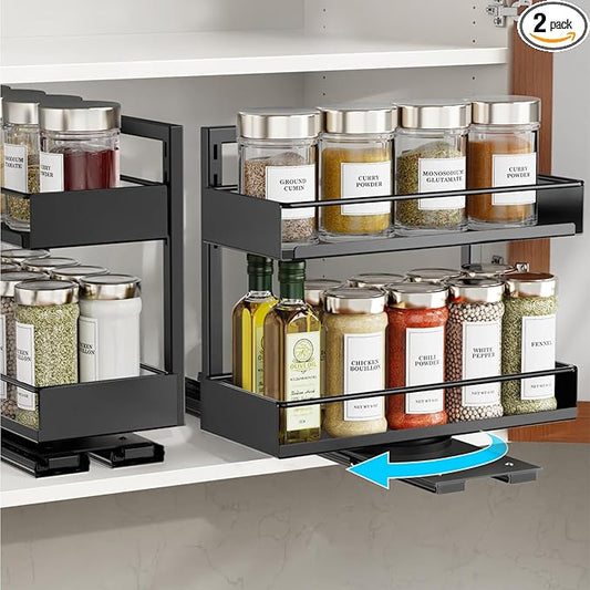 iSPECLE Pull Out Spice Rack - 2 Pack Rotate Peel and Stick No-Drill Vertical Spice Rack Organizer for Cabinet Easy Access Spices, Adjust Height for 4oz to 8oz Spice Jars Inside Kitchen Pantry Cabinet