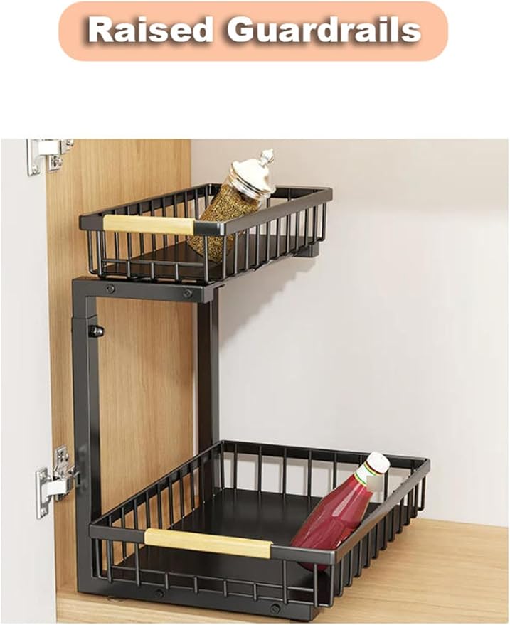 Shelf Pull Out Cabinet Organizer Kitchen Cupboards Storage Solutions No Drill Adjustable Baskets for Bathroom(Black)