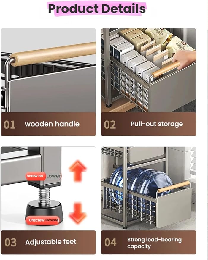 Pull Out Shelf Kitchen Storage Drawer- Slide Out Drawers for Kitchen Cabinets No Drill Shelves(Black,40x23x39 cm)