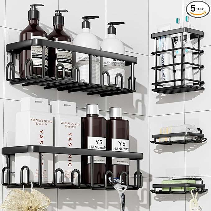 YASONIC Shower Caddy Adhesive, 100% Rustproof Shower Organizer with Soap and Toothbrush Holder, Large Capacity Shower Shelves for Inside Shower, No Drill Shower Storage for Home (5 Pack Black)
