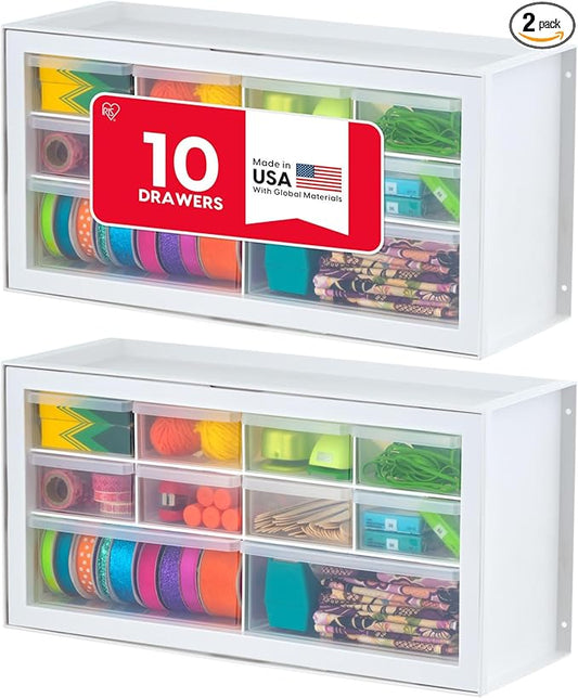 IRIS USA 10-Drawer Organizer (2 Pack), Made in USA, Teacher Toolbox, Plastic Storage Drawers, Stackable Organizer for Hardware, Small Parts, Craft, Bead, Screw, Nut and Bolt, Makeup Tools, White