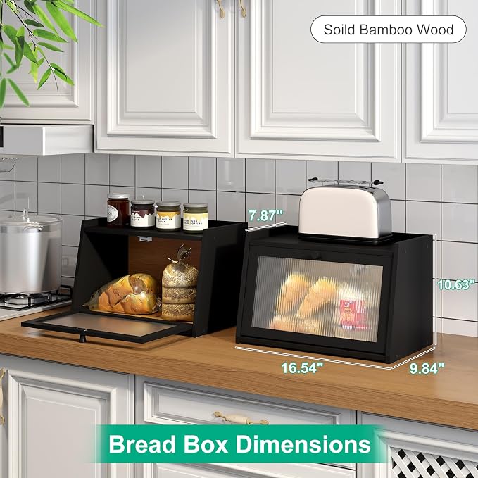 kiplant Bread Box for Kitchen Counter, Large Bamboo Bread Storage Container with Wavy Arcylic Door, Bamboo Wooden Farmhouse Bread Box for Your House (Black, Medium)