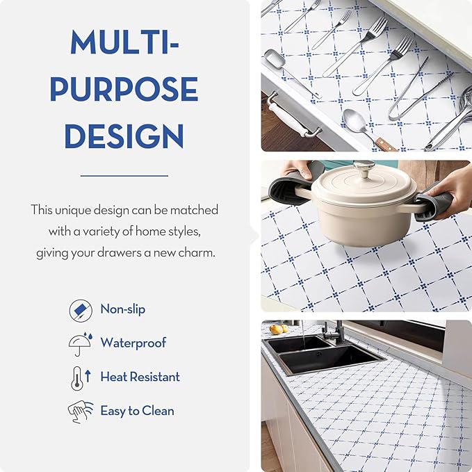 Drawer Shelf Liner for Cabinet,Slip Resistant Non Adhesive Liner for Kitchen, BPA Free Shelf Liners for Cabinets, Bathroom Cupboard Drawers,12IN x 20FT,Blue Stripe