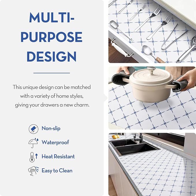 Drawer Shelf and Cabinet Liner, Thick Strong Grip,Shelf Liners Non-Adhesive Liners Protect Kitchen Cabinets and Cupboard, Bathroom Drawers,Under Sink Mat,17.5IN X 20FT, Blue Stripe
