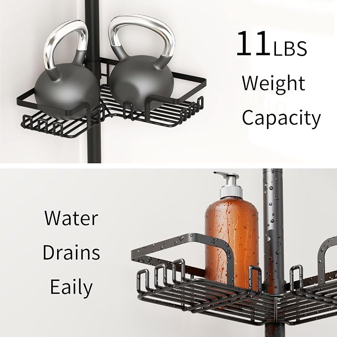 ZUNTO Tension Pole Shower Caddy with 2 Towel Holder and Hooks for Bathroom, Adjustable 25in-114in Floor to Ceiling Shower Organizer, Standing 4 Tier Corner Shelves for Storage and Hanging, Matte Black