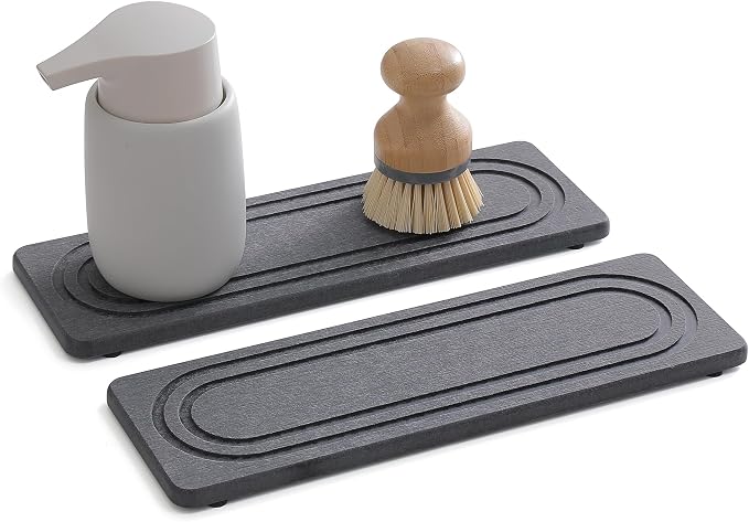 2PCS Water Absorbing Stone Tray for Sink, Quick Drying Diatomite Bathroom Tray Countertop, Stone Drying Mat for Kitchen Counter Faucet, Soap Dish Dispenser Vanity Organizer, Dark Gray-11.8" x 4"