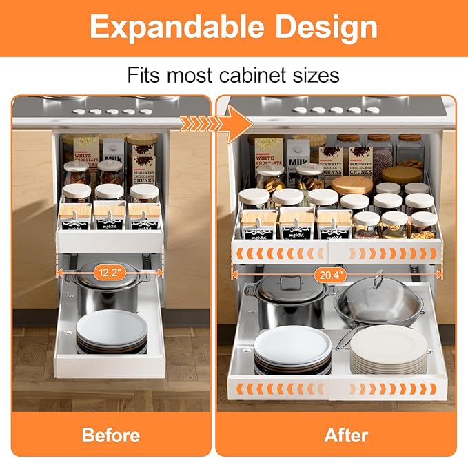 YJHome 1 Pack Pull Out Cabinet Organizer, No Drill Expandable Width 12"-20" & 21" Depth, Adhesive or Screw-In Installation, Magnetic Divider for Custom Storage, for Kitchen Pantry Bathroom Cabinet