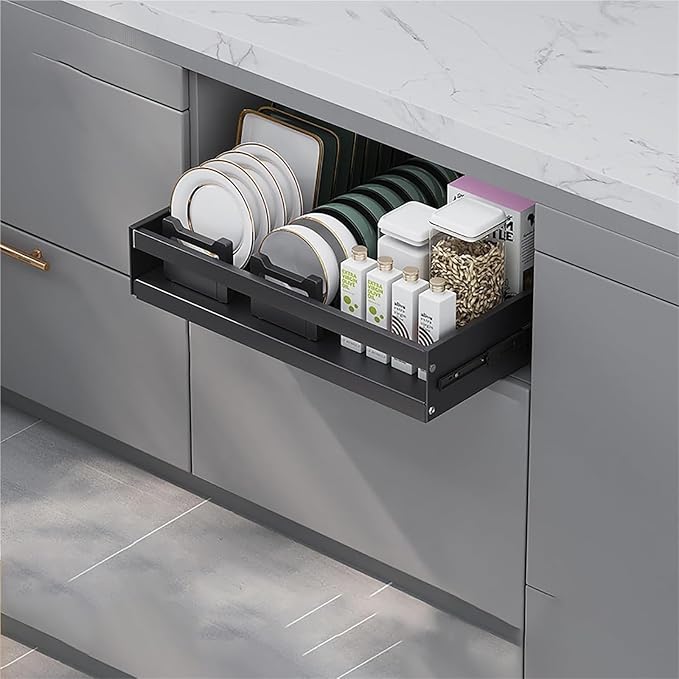 Pull out Cabinet Organizer,Under Sink Organizer, Roll out Storage Shelf Storage for Pantry,Extendable Drawer For Kitchen Storage,No Need Drill and Nailing,for Kitchen, Living Room, Home.(Black,ONE-32*