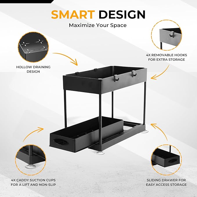 TEVASO Under Sink Organizers and Storage | Space-Saving Cleaning Supplies | 2 Tier Sliding Under Shelf Organizer for Kitchen and Bathroom - Black - 1 Pack