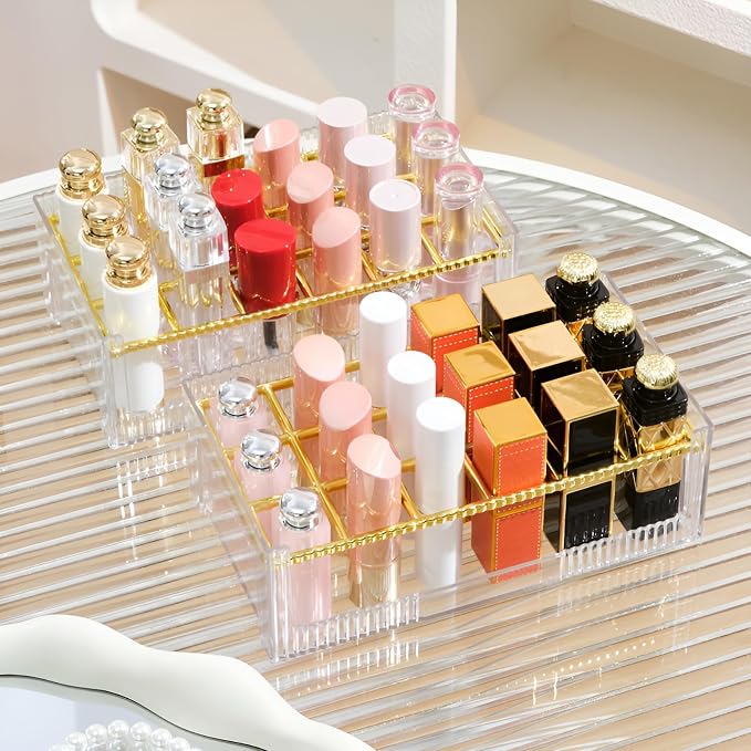 18 Grids Lipsticks Organizer, Clear Acrylic, 2 Pack | Lip Gloss Holder, Storage Display Case, For Chapstick & Lip Balm, Makeup Storage