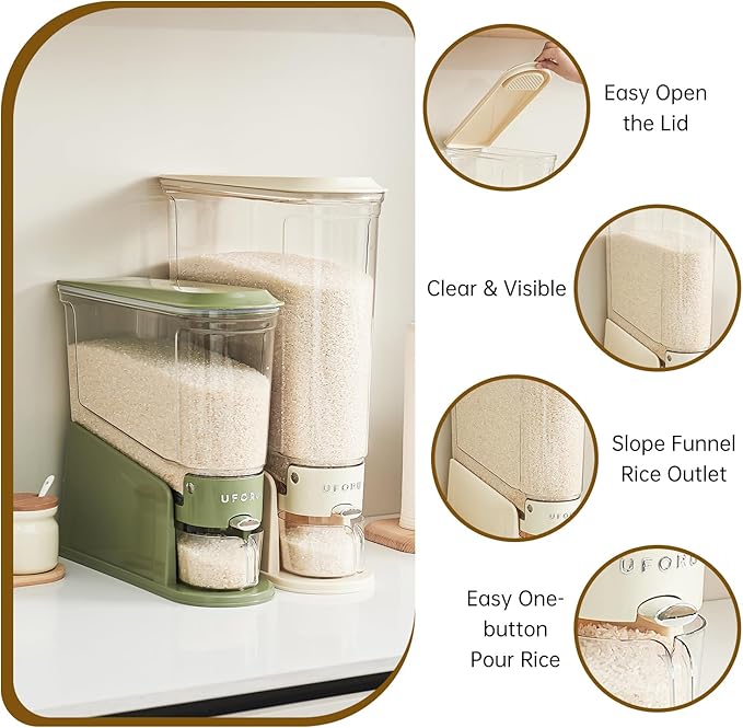 UFORU Rice Dispenser 22Lbs, Slim Rice Storage Container for Small Space, BPA-Free Clear Dry Food Dispenser Sealed Moisture Proof, Grain&Cereal Storage Bucket for Kitchen Pantry Household, Green 22Lbs