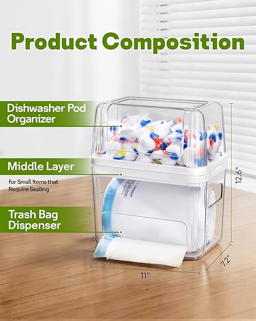 Kaen Trash Bag and Laundry Pods Dispenser - 3 in 1 Garbage Bag Holder for 13/30/33 Gallon Bags, Clear Storage Bins Dishwasher Pods Container for Under Sink Organizer Laundry Room Organization
