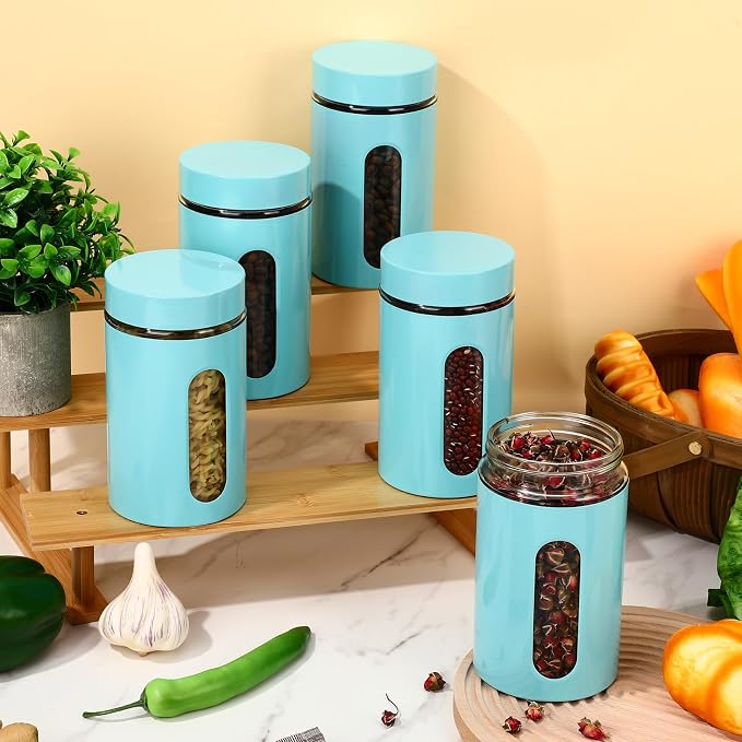 Mimorou 3 Pcs Stainless Steel Canister Set with Glass Windows Visible Storage Jars Silver Kitchen Canister Set for Pasta Flour Oat Sugar Container, Kitchen Tools, Housewarming Gifts(Turquoise,32 oz)