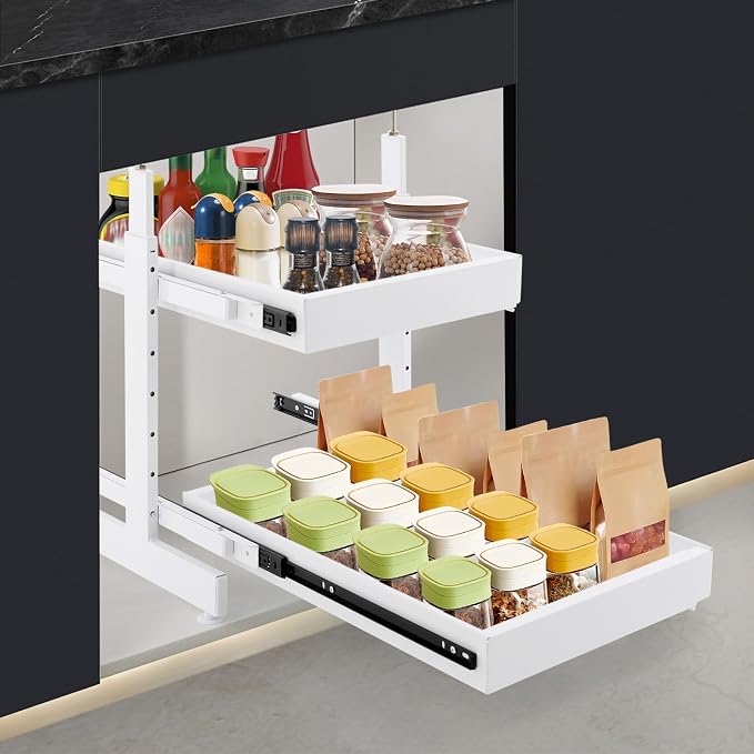 Cabinet Drawers Slide Out, 2 Tiers Expandable Pull out Cabinet Organizer No-Drilling, Slide out Drawers for Kitchen Cabinets Bathrooms, Laundry Rooms, Garages (White)