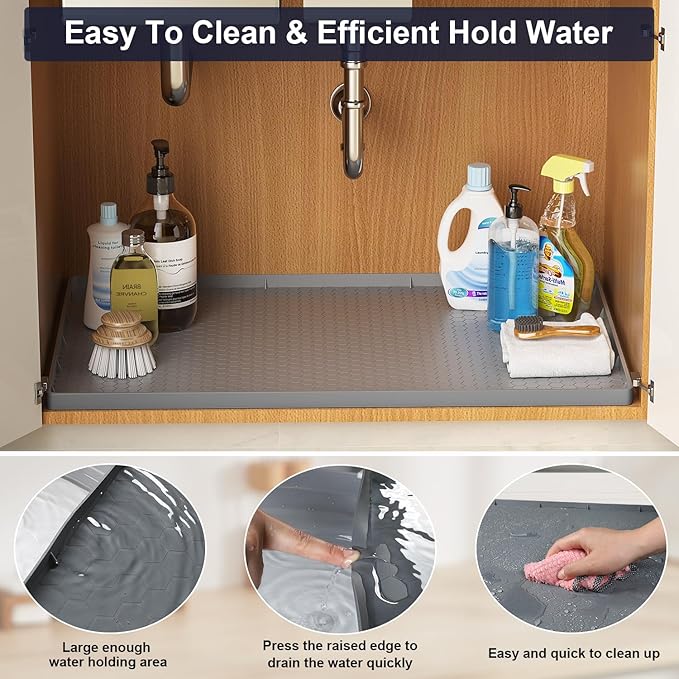 Under Sink Mat - 37" x 22" Waterproof Kitchen Cabinet Mat - Flexible Silicone Under Sink Liner - Kitchen Bathroom Cabinet Mat and Protector for Drips Leaks Spills (Gray)