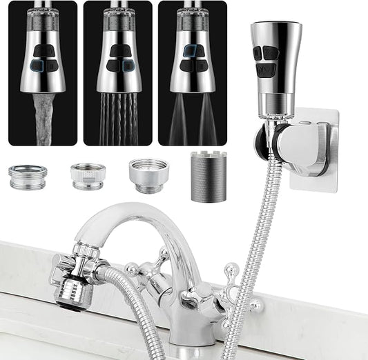 CECEFIN Kitchen Faucet Hose Attachment, 4-Mode ON/Off Sink Sprayer Head with Filter, 4.9Ft Stainless Steel Hose, Water Saving Aerator w/ 3-Way Diverter Valve for Hair Washing Laundry Room & Pet Shower