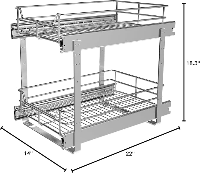 JOWBOOW 2-Tier Cabinet Pull Out Shelves (14" W x 22" D), Slide Out Shelves for Kitchen Cabinets, Metal Under Cabinet Roll Out Shelf