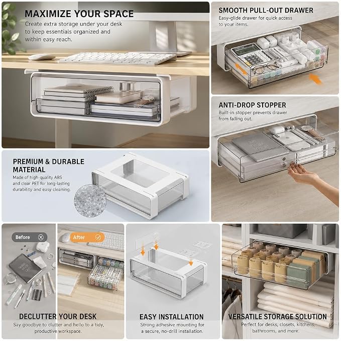 Hidden Under Desk Drawer Organizer, Space Saving Pull-Out Storage, Stick-On Invisible Drawer for Clean Desk Setup,XL
