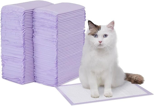 Amazon Basics Cat Pee Pads, Super Absorbent, Odor Control with Fresh Scent, Universal Fit for Litter Box, Multi Cat, Disposable, White/Purple, 100 Count