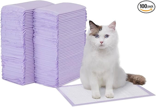 Amazon Basics Cat Pee Pads, Super Absorbent, Odor Control with Lemon Scent, Universal Fit for Cat Litter Box System, Multi Cat, Disposable, White/Purple, 100 Count